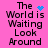 Pink background with black text reading "The World is Waiting Look Around" and blue pixelated symbols changing across frames.