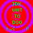 Red background with four identical circular purple rings containing green text and a small green symbol below each ring.