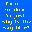 Blue background with yellow pixelated text repeating 'i'm not random. i'm just... why is the sky blue?' in two