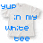 A white t-shirt with blue text 'yup in my white tee' appears across nine positions, some frames showing black 'yup' text