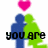 Pixelated icon with two figures, pink hearts above and below, text changing across frames.