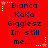 Red background with dark blue text reading "Bianca Kaka Giglesz Im still me....." repeated in a pattern, surrounded by white and pink star-shaped decorations