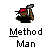 Pixel art icon of a figure with red head covering holding an axe, below text reading 'Method Man' in blocky font.