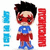 Pixelated character in red mask and blue outfit with red gloves, standing against white background with blue and red vertical text elements.