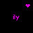 Pixelated pink icons on black background: heart, starburst, four 'ily' text forms, and a dot cluster. Animated changes include shifting positions of the top-right starburst and central dots.