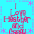 Pixelated cyan background with pink text reading "I Love Heather and Russell" and pink asterisk borders, with a gray rectangle in the bottom-right corner.