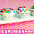 cupcakes with white frosting and colorful sprinkles on a pink background, each labeled 'CUPCAKES' in varying text styles