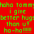Pixelated green text on colored backgrounds reads "haha tommy i give better hugs than u!! ha-ha!!!!!" in four quadrants with red, purple, blue, and purple backgrounds.