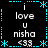 Black background with cyan dotted border and star accents, displaying repeated text "i love u nisha <33" in white pixelated font.