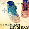 Pixelated image of two sneakers on a textured background with four star shapes and partial text at the bottom.