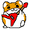 Pixelated hamster character with orange and white fur, pink cheeks, black eyes, holding red guitar-like prop against gray background.