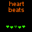 Two side-by-side pixelated displays of 'heart beats' text above green heart symbols on black background, with one heart symbol changing color between frames.
