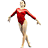 Pixelated figure in red leotard with arms extended, standing against white and solid red background with blue text "lala" on right.