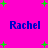Bright pink background with scattered green plus signs and four instances of the name 'Rachel' in blue pixelated text.
