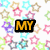A static image with a white background covered in small, colorful star outlines in pink, blue, green, purple, brown, and gray, with two black rectangular text boxes containing yellow text.