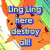 Pixelated orange creature with large ears and dark eyes, positioned against a green-and-yellow striped background. Blue text overlays the image in two separate