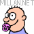 Pixelated cartoon character with bald head, large eyes, and purple pacifier in mouth; left side shows closed smile, right side shows open mouth revealing red tongue.