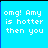 Four blue square display identical pixelated text reading "omg! Amy is hotter then you" with varying background gradients and one featuring a circular gradient effect