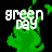 A pixelated animated contact sheet showing three frames of a Green Day-themed buddy icon with green smoke effects and white text on black background.