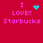 Red background with pink text reading "I LOVE!! Starbucks" and cyan pixelated symbols replacing the heart in the top-left and top-right frames.