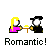 Pixel art of two figures at a table with yellow hair, pink and black clothing, white faces, and 'Romantic!' text below.