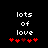 Pixelated text 'lots of love' above red heart symbols on black background, with one heart changing color between frames.