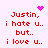 Pixelated red text on light pink background with animated purple heart and starburst symbols above two identical phrases.