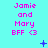 Cyan background with repeated pink text 'Jamie and Mary BFF <3' and small blue symbols changing position across frames.