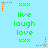 Pixelated icon with light blue background, green text reading 'live', 'laugh', 'love' vertically stacked above three 'xxx' symbols, and orange or gray star-shaped elements at corners.