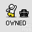 Pixel art character with white torso and yellow pants next to a black boombox, with 'OWNED' text below; character changes pose and boombox shows musical notes in one frame.