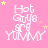 Pink background with white pixelated text reading 'Hot Guys are YUMMY' and scattered yellow and pink stars.