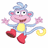 Pixelated cartoon monkey with pink face, blue body, yellow belly patch, red feet, and a golden ring on its tail.