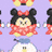 Pixelated character with black mouse ears, red bow, and red dress on light purple background.