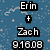 Pixelated blue background with white text reading 'Erin + Zach 9.16.08' in blocky font, scattered light speckles.