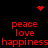 Red pixelated text and symbols on black background with animated red dot patterns. "peace love happiness" repeated in two , heart symbol at top center