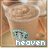 A pixelated image of a light brown beverage in a cup with a green logo, featuring the word 'heaven' below it.