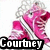Pixelated pink high-top sneakers with white stripes and laces, a black text banner reading 'Courtney' at the bottom left.