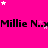A bright pink background with repeated black text 'Millie N..x' and scattered white/pink stars, featuring a gray rectangular overlay in the bottom-right corner.