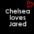 Red pixelated heart symbol above white text reading "Chelsea loves Jared" on black background, displayed in two identical side-by-side