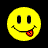 A yellow smiley face with a red object in its mouth surrounded by purple starbursts on a black background.