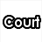six pixelated text elements and symbols on a white background, with one gray square in the bottom-right corner