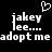 Black background with white pixelated text and a heart symbol; two identical side-by-side layouts of 'jakey lee....' above 'adopt me adopt me'.