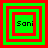 Four green and red square frames with "Soni" text in black pixel font, each frame showing different nested layer arrangements.