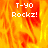 A pixelated image with fiery orange and yellow background displaying 'T-YO Rockz!' text in white, transitioning to a gray on the right