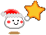 Pixelated character with Santa hat holding star, smiling face on gray background.