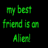 Green alien head with blue eyes and yellow smile, surrounded by small golden stars on black background, next to green pixelated text reading 'my best friend is on AIM' in three lines.