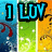 Pixelated text phrases in blue with black outlines on a of colored backgrounds featuring abstract patterns and red fish-like shapes