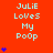 Red background with repeated light blue text 'Julie Loves My Poop' and vertical blue heart stacks varying in height across three