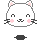Pixelated white cat face with pink cheeks and black whiskers, showing four distinct eye expressions across two on gray background