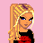 Pixel art buddy icon featuring a blonde female character with blue eyes and a black-and-red dress, paired with heart-shaped text elements on pink backgrounds across three frames.